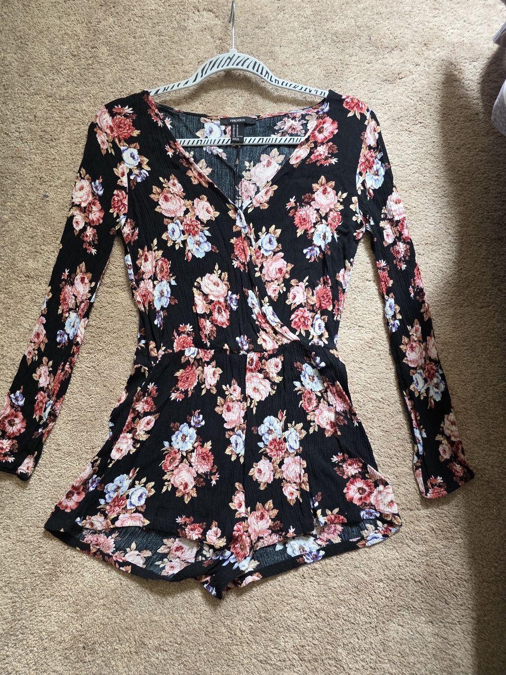 Black Floral Romper with Pink & Blue Blooms